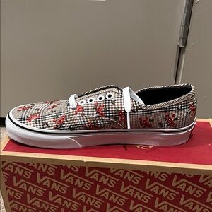 Vans Black and White Checkered Shoes with Red Floral Accents